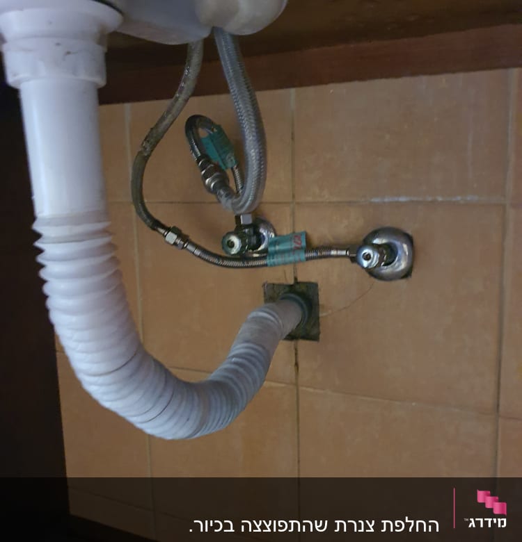 צינורות מתכת וגומי מתחת לכיור